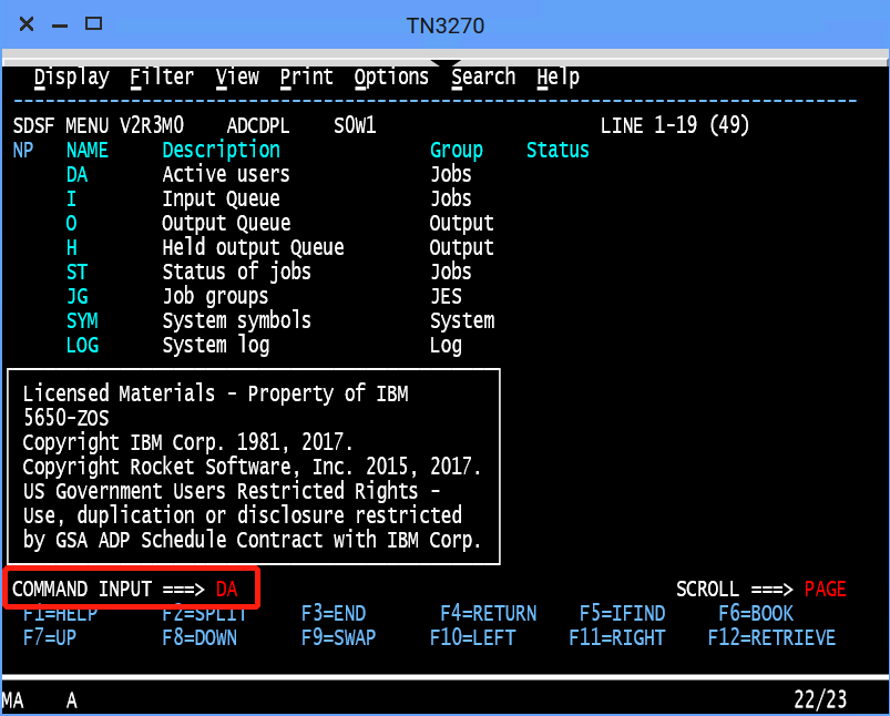 Screen capture that shows how to enter the DA command in the panel